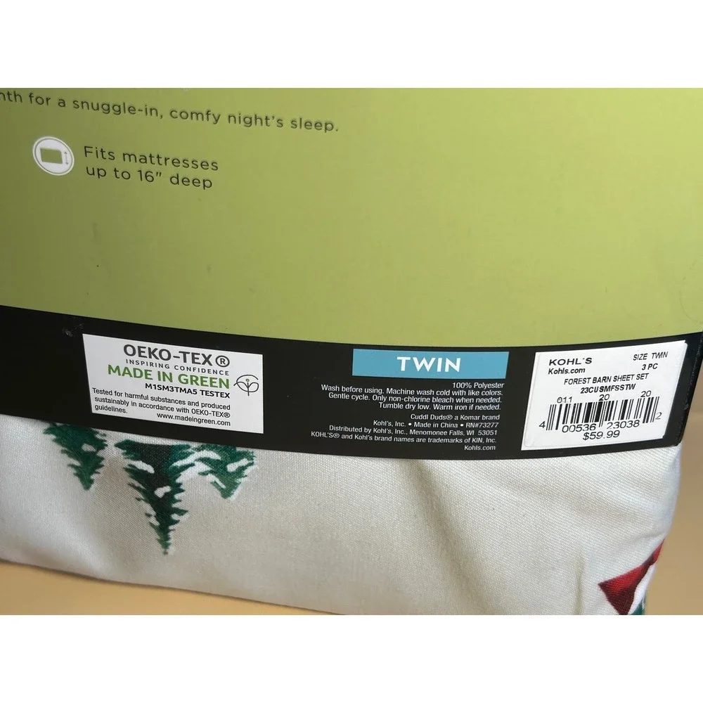 Cuddl Duds Twin Sheet Set Forest Barn Green Trees Red House Soft Cozy 3PC NEW